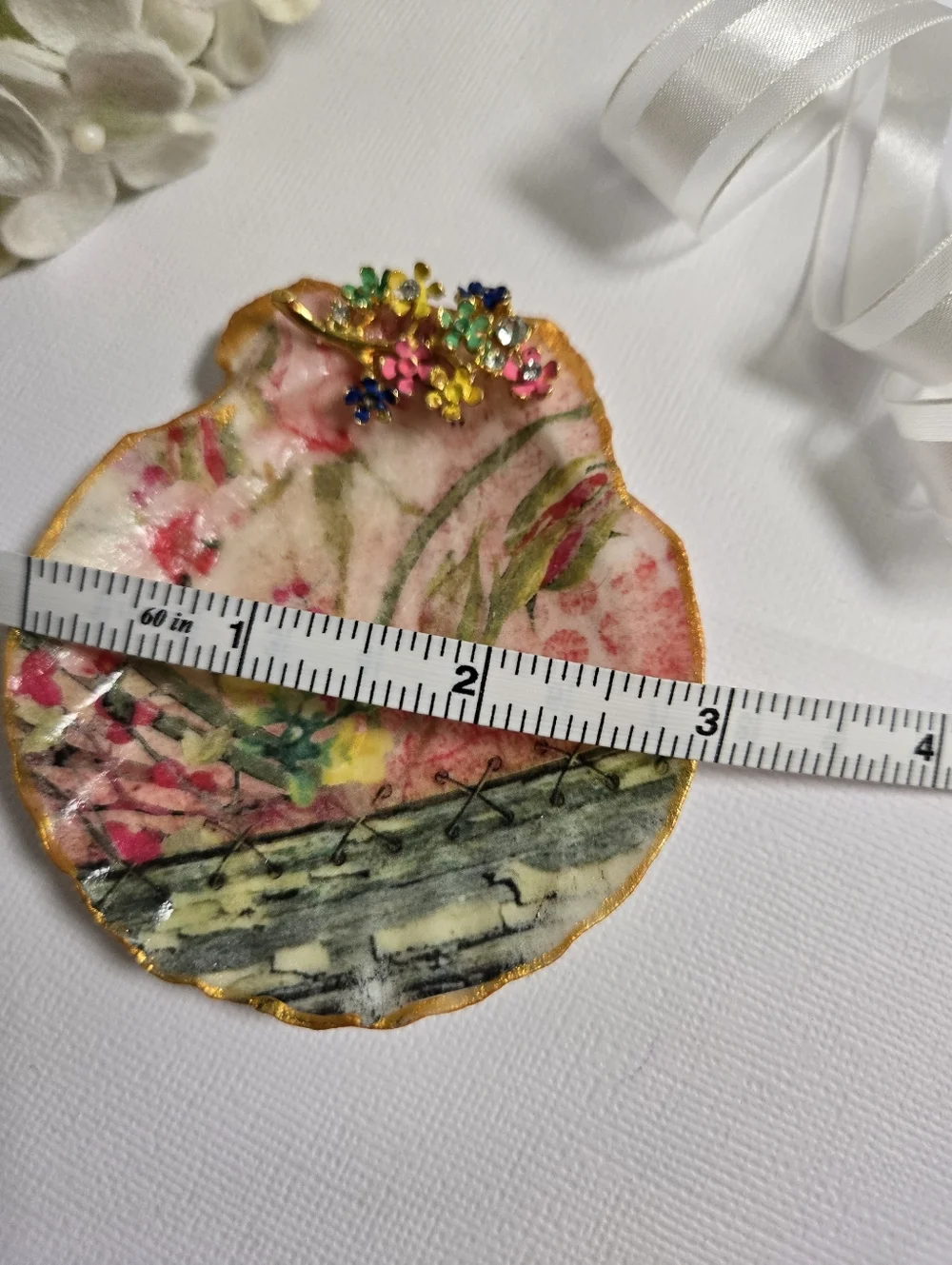 Hand Gilded Upcycled Jewelry Art Decoupage Shell Trinket Dish - Micro Florals